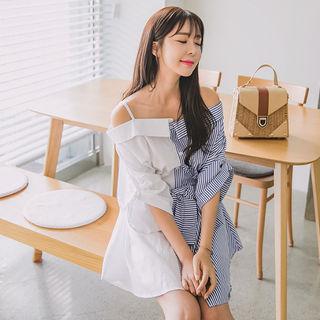 Off-shoulder 3/4-sleeve Color-block Mini Shirtdress With Sash