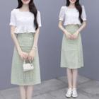 Set: Short-sleeve Lace Crop Top + Plaid A-line Midi Skirt