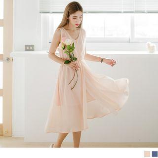 Sleeveless V-neck Sheer Chiffon Midi Dress