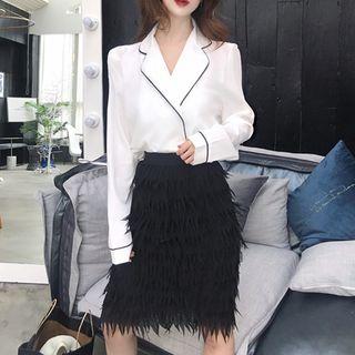 V-neck Shirt / Fringed A-line Skirt