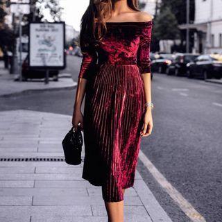 Velet Off-shoulder Elbow-sleeve Midi A-line Dress