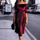 Velet Off-shoulder Elbow-sleeve Midi A-line Dress