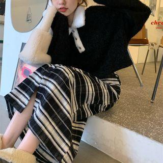 Polo Sweater / Striped Midi A-line Skirt