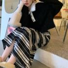 Polo Sweater / Striped Midi A-line Skirt