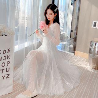Long-sleeve Sequined Mesh Midi A-line Dress With Slipdress