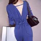 Long-sleeve V-neck Open-back Sheath Dress