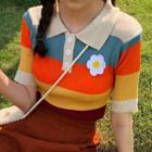Short-sleeve Floral Embroidery Polo Shirt Multicolor - One Size
