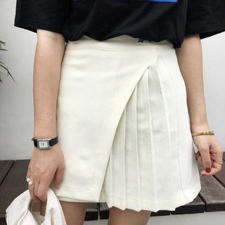 Letter Embroidered Pleated Trim Mini Skirt