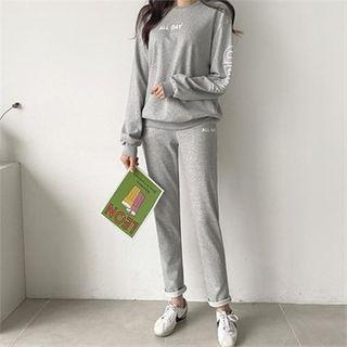 Set: Letter Print Pullover + Band-waist Pants