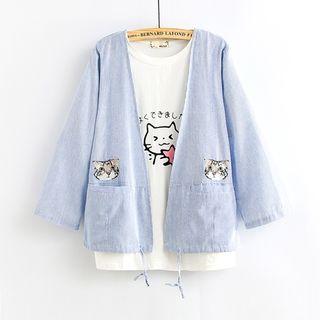 Cat Embroidered Striped Jacket
