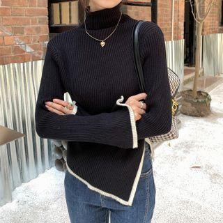 Turtleneck Contrast Trim Asymmetrical Knit Top