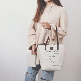 Faux-leather Lettering Tote With Pouch