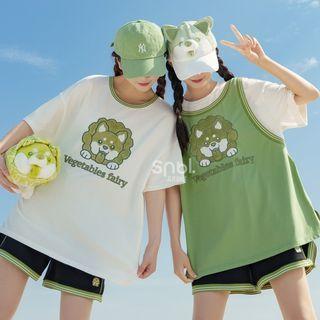 Elbow-sleeve Dog Print T-shirt / High Waist Wide Leg Shorts (various Designs)