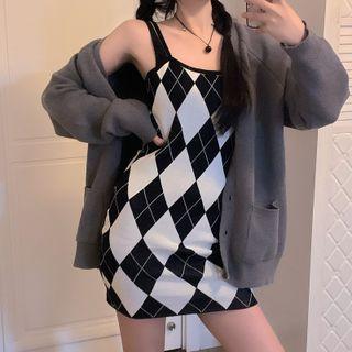 Spaghetti-strap Argyle Mini Sheath Dress Black & White - One Size