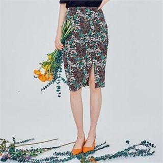 Slit-front Floral-pattern Skirt