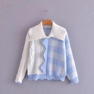 Collared Gingham Cable Knit Cardigan Light Purplish Blue & White - S