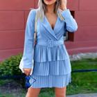 Pleated Plain Long-sleeve Mini A-line Dress