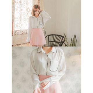 Wide-cuff Contrast-piping Chiffon Shirt