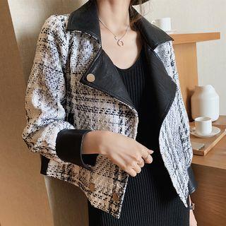 Tweed Plaid Faux Leather Double-breasted Jacket