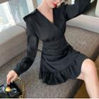 Long-sleeve V-neck Frill Hem Mini A-line Dress