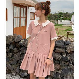 Short-sleeve Contrast Trim A-line Pleated Dress