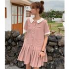 Short-sleeve Contrast Trim A-line Pleated Dress