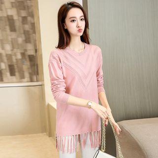 Long-sleeve Fringe-trim Knit Top