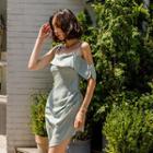 Off-shoulder Asymmetric-hem Satin Dress