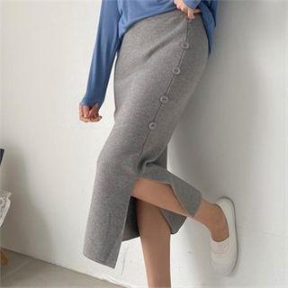 Slit-hem Button-trim Knit Skirt