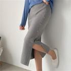 Slit-hem Button-trim Knit Skirt