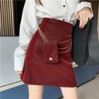 Set: High-waist A-line Faux Leather Skirt + Belt Bag
