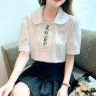 Short-sleeve Flower Embroidered Collared Shirt