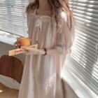 Puff-sleeve Square-neck Lace-trim Dress