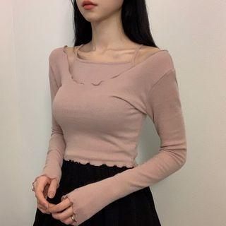 Set: Plain Skinny Tank Top+plain Skinny Long-sleeve Top
