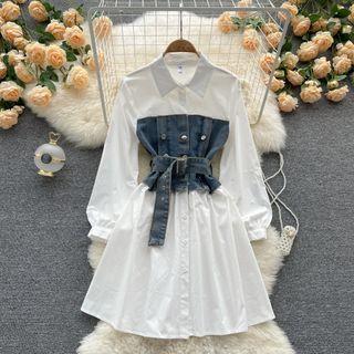 Denim Panel Long-sleeve Shirtdress