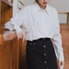 Long-sleeve Asymmetric Pleated Shirt White - One Size