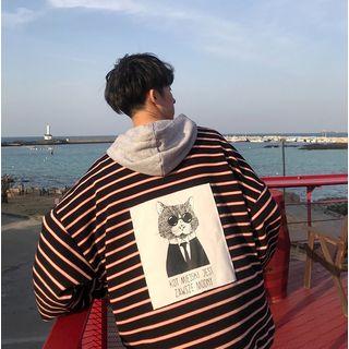 Cat Print Lettering Striped Hoodie