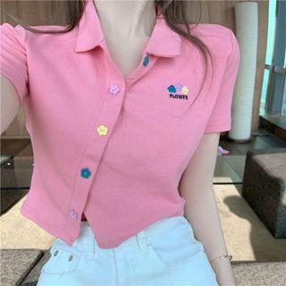 Short-sleeve Flower Embroidered Buttoned Crop Top