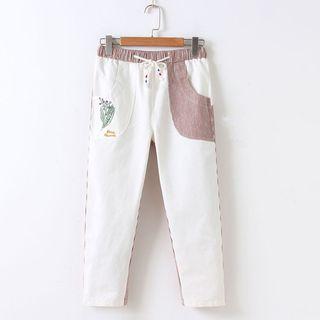 Embroidered Striped Elastic-waist Pants