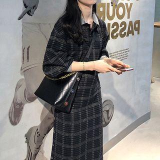 Plaid Puff-sleeve Midi Collared Dress