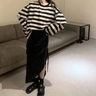 Oversized Round-neck Striped Top / High Waist Drawstring Maxi Skirt