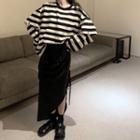 Oversized Round-neck Striped Top / High Waist Drawstring Maxi Skirt