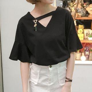 Frilled Elbow-sleeve Short-sleeve Top