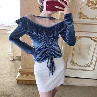 Off-shoulder Velvet Long-sleeve Top Blue - One Size