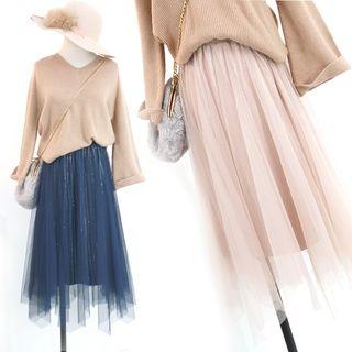 Glitter Mesh Asymmetric-hem Midi Skirt