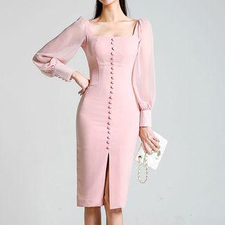 Square Neck Long-sleeve Sheath Midi Dress