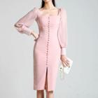 Square Neck Long-sleeve Sheath Midi Dress