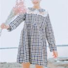 Embroidered Collar Gingham Long-sleeve A-line Dress