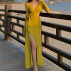 Long-sleeve Cutout Midi A-line Dress Yellow - One Size
