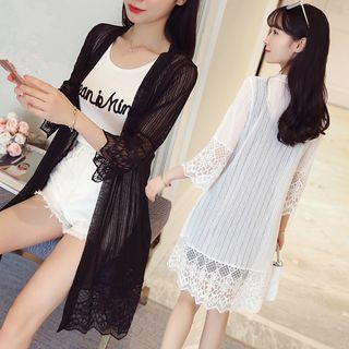 Lace Panel Open Front Long Cardigan